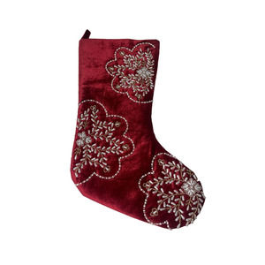 TOTAL HOME Embellished RED WITH PEARLS, SILVER BEADS CHRISTMAS STOCKING 18” NWT